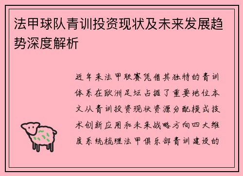 法甲球队青训投资现状及未来发展趋势深度解析